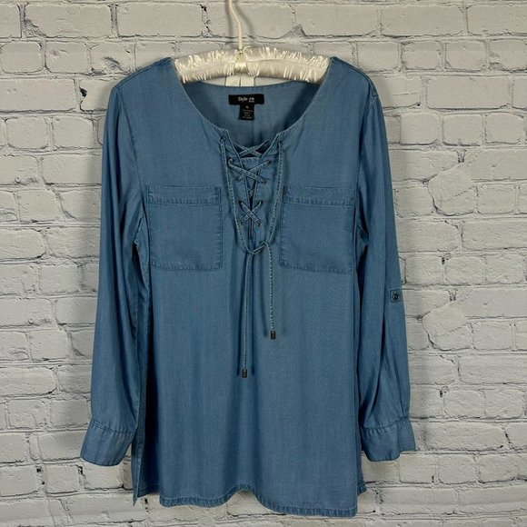 Style & Co. Long Sleeve Chambray Lace Front Pullover Top, Size PL,‎ Denim Blue - Picture 2 of 8